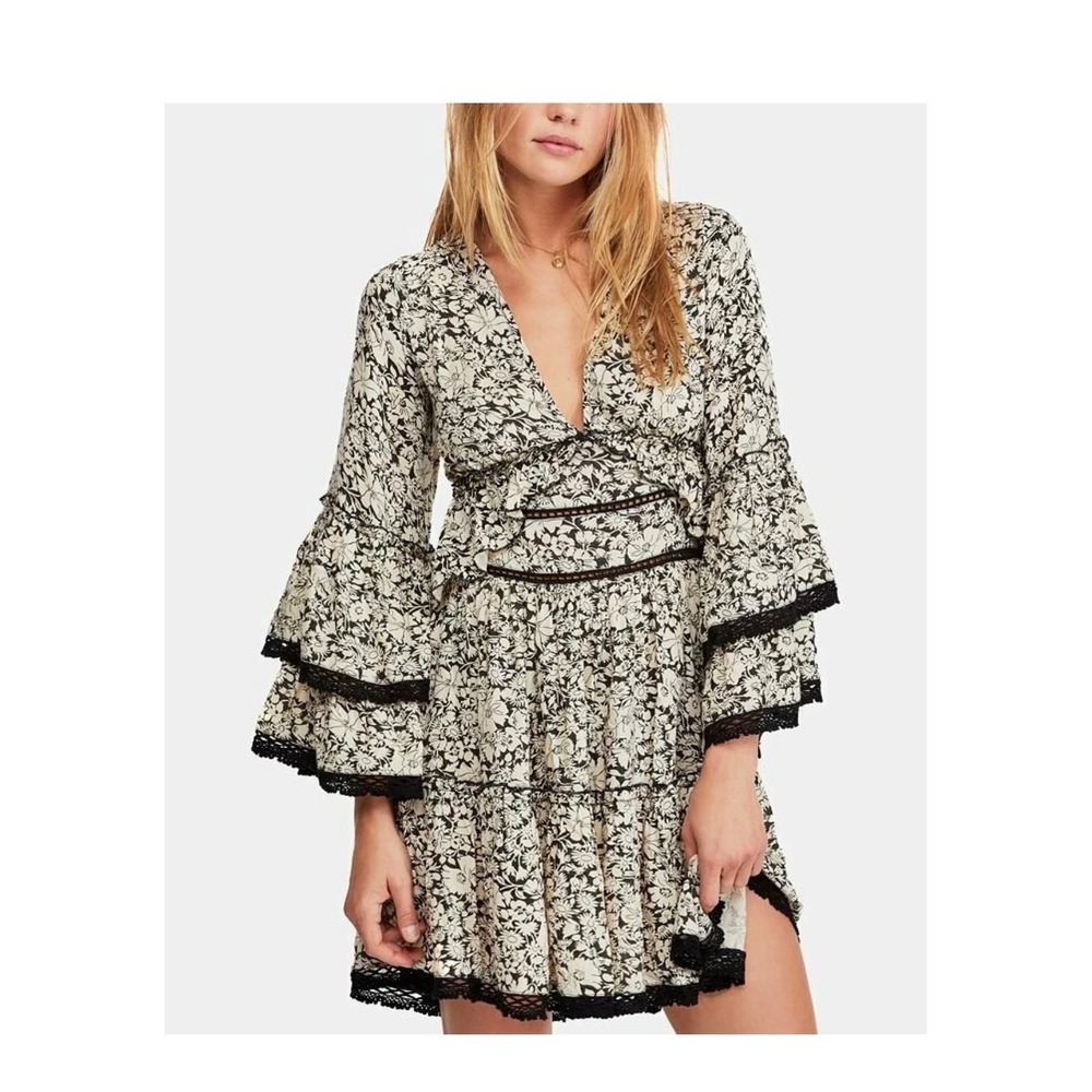 Free People Kristall mini dress tiered floral bell sleeves black cream boho lace